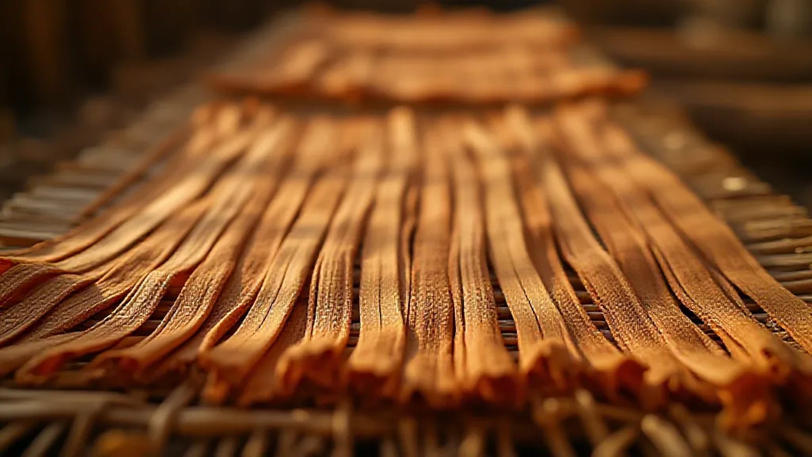 Cinnamon bark strips drying on woven bamboo mats in the sun