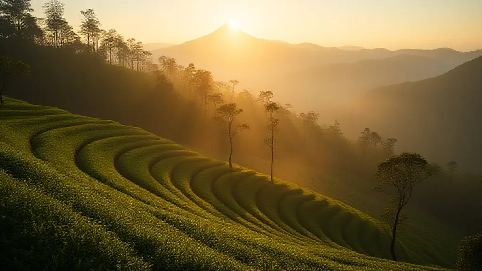 Terraced cinnamon plantation on a Sumatran hillside in morning mist