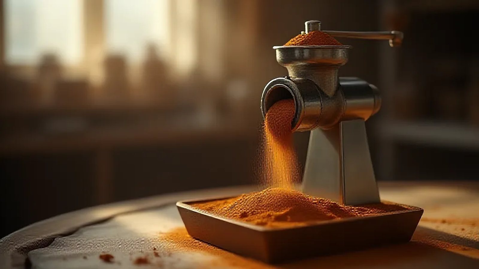Small spice mill grinding cinnamon into powder in an artisan workshop