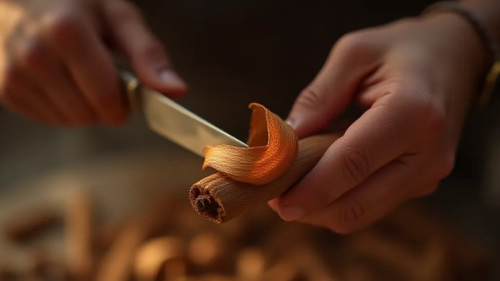 Farmer peeling bark from a cinnamon branch by hand