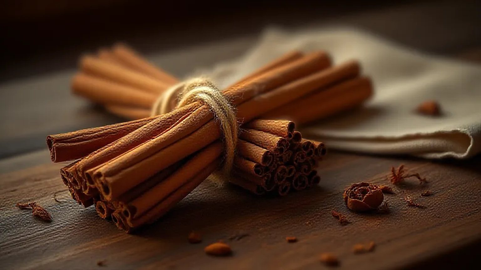 Bundled Indonesian cassia cinnamon quills on dark walnut wood beside linen