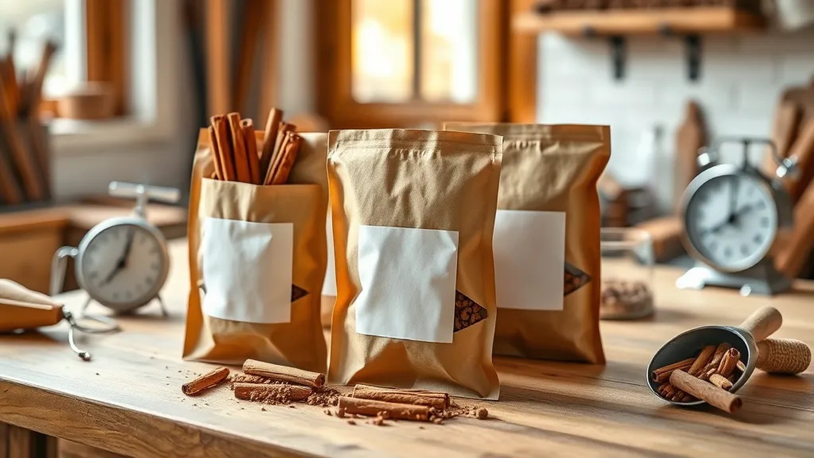 Kraft paper pouches being filled with cassia cinnamon quills