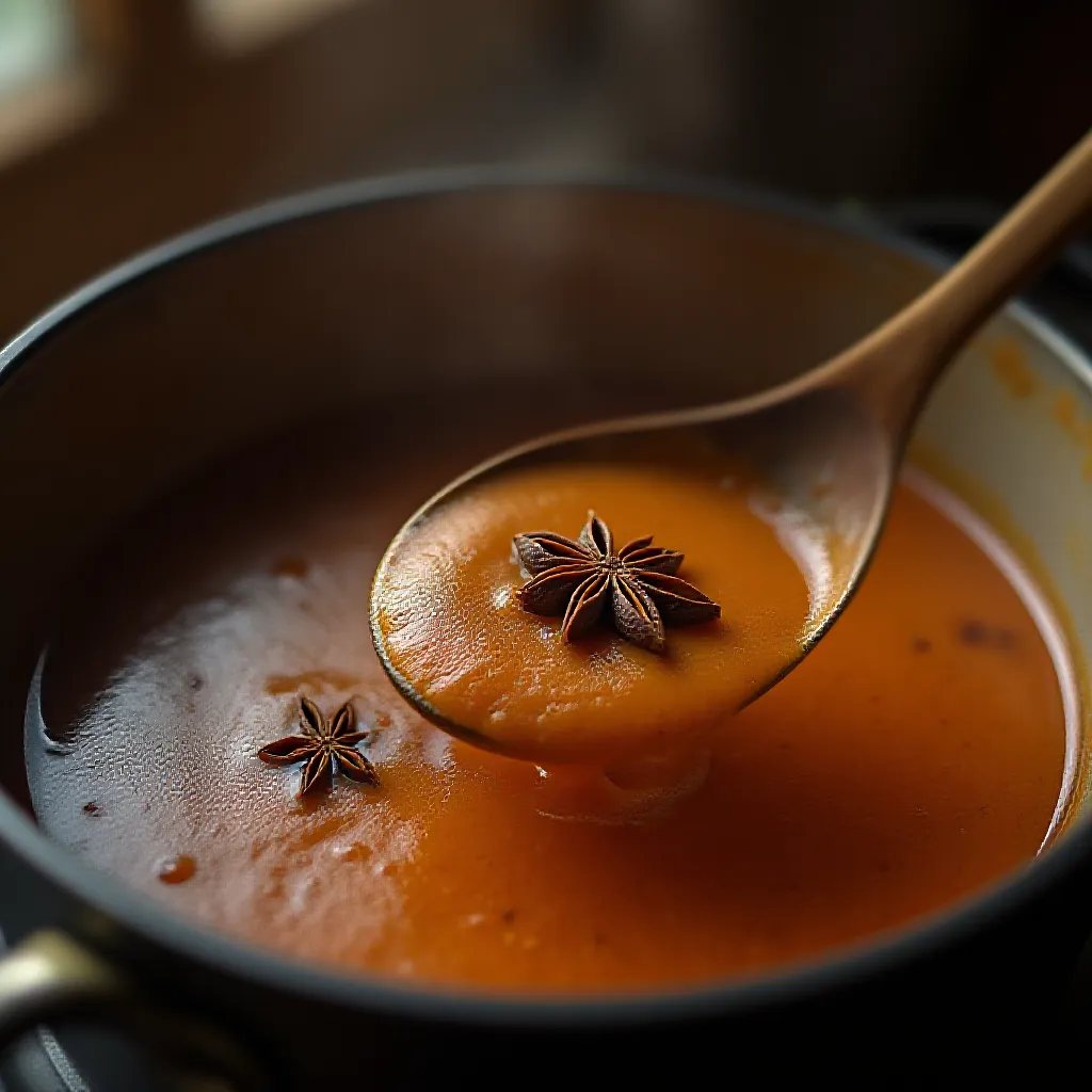 Pot of brown curry with whole cassia bark and star anise