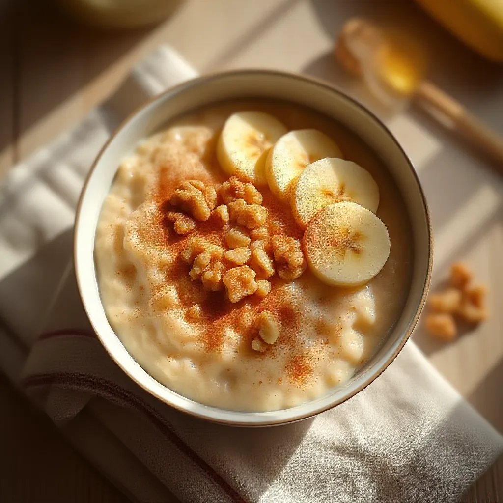 Oatmeal topped with banana, walnuts and cinnamon powder